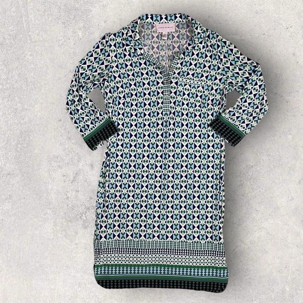 Donna Morgan Women's Diamond Shirt Dress Size 6 Multicolor 3/4 Sleeve V-Neck